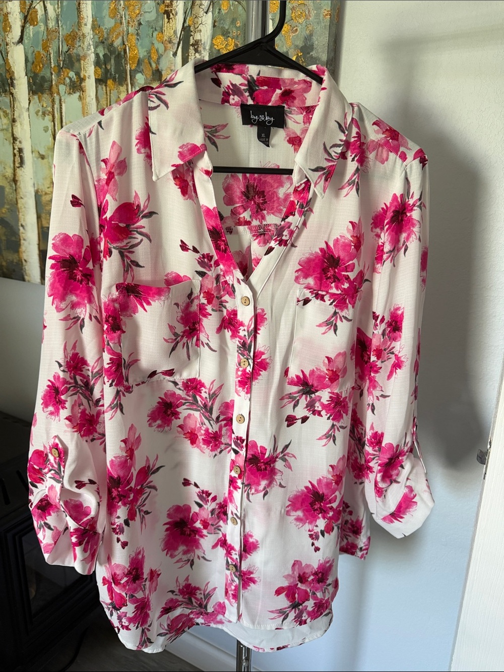 by & by White Button-Down Shirt with Bright Pink Floral Print
